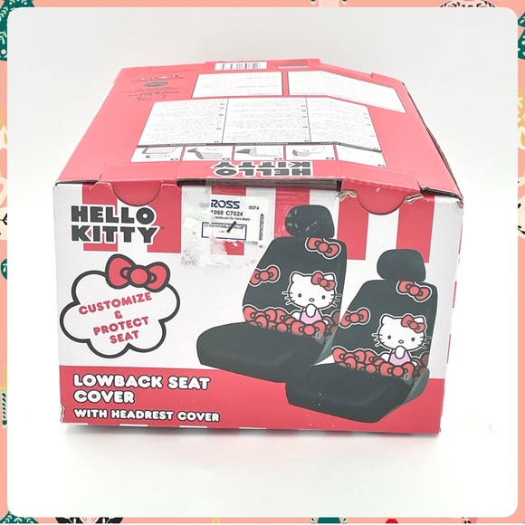 New HELLO KITTY w BOWS Set of 2 Lowback Car SEAT COVERS w Vehicle Headrest Cover - Picture 8 of 10